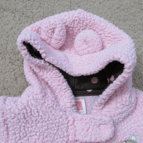 Carters Zip Up Fleece Bunting Snowsuit Girls Size 3M Pink Brown Bear Winter - Picture 3 of 7